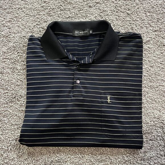 VTG Yves Saint Laurent Pour Homme 100% Silk Striped Polo Shirt Blue Black 2XL